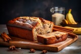 Juicy banana bread on a wooden board against a pastel or soft colors background
