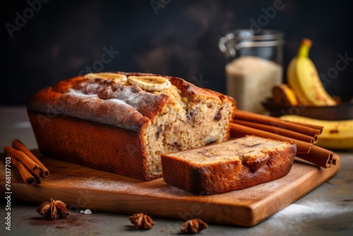 Juicy banana bread on a wooden board against a pastel or soft colors background