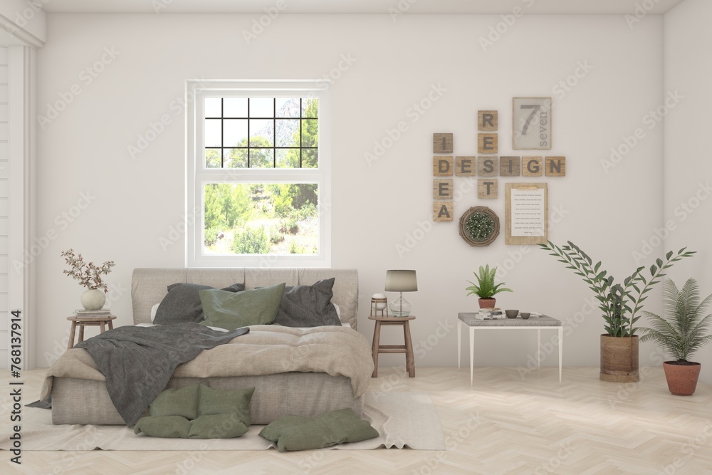 Fototapeta premium White bedroom concept. Scandinavian interior design. 3D illustration