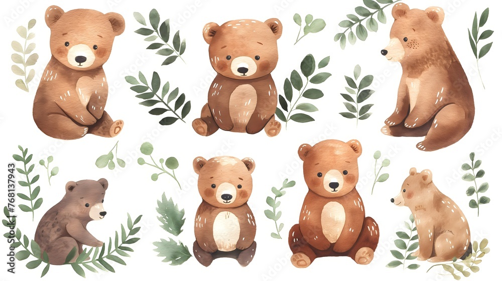 Fototapeta premium a simple clipart set of gouache cartoon cute brown bears in leaves wreath in muted colors on a white background, perfect for sticker sheet