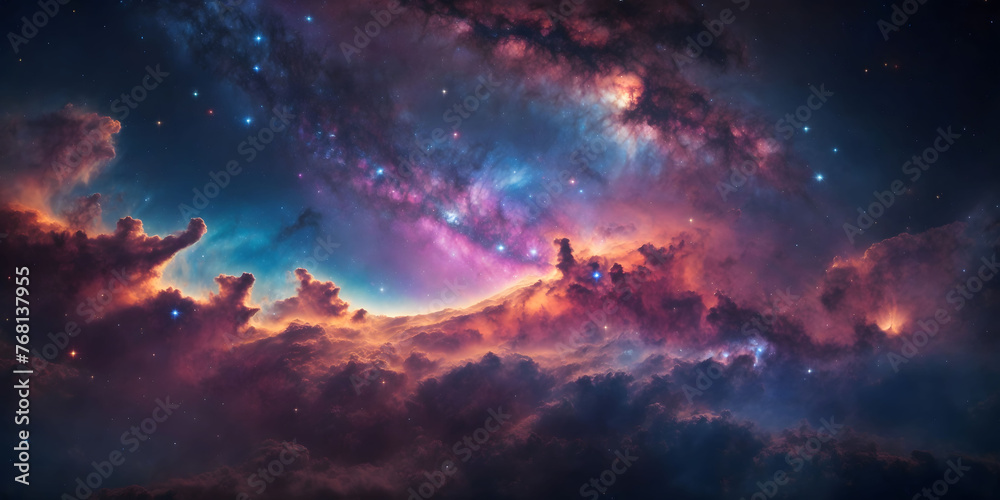 Stunning Cosmic Sky with Vibrant Nebula and Stars, milky galaxy dotted with stars and galaxies, showcasing the beauty of the universe.