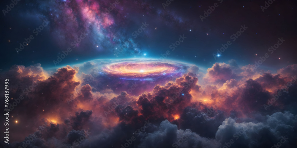 Spiral Galaxy in a Vibrant Cosmic Sky Full of Stars. Spiral galaxy surrounded by a cloud of stars, capturing the vastness and wonder of the universe.