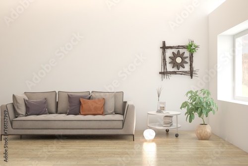 White living room with sofa. Scandinavian interior design. 3D illustration