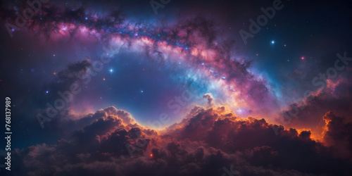 Stunning Cosmic Sky with Vibrant Nebula and Stars, milky galaxy dotted with stars and galaxies, showcasing the beauty of the universe. © Loki Studio