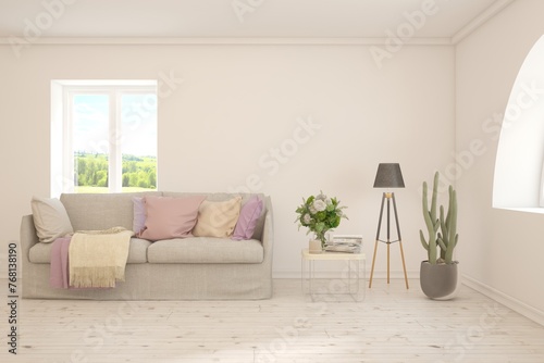 White living room with sofa. Scandinavian interior design. 3D illustration
