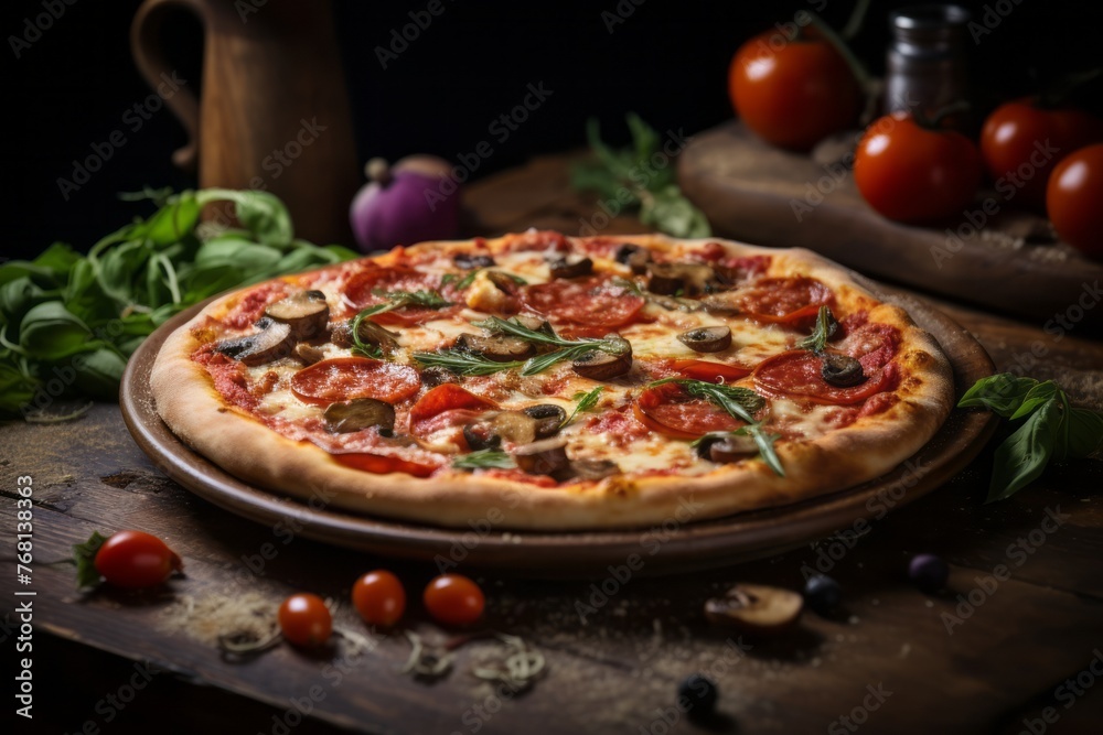Refined pizza in a clay dish against a rustic wood background