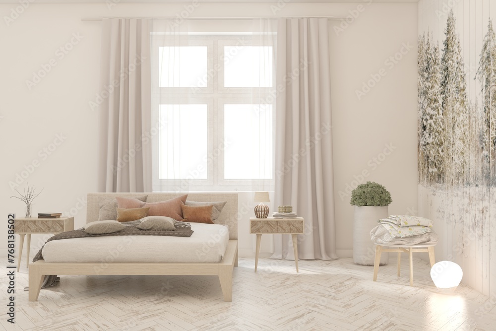 Fototapeta premium White bedroom concept. Scandinavian interior design. 3D illustration