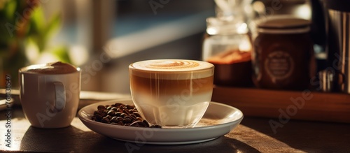 A cappuccino with frothy milk sits elegantly on a plate beside a cup of coffee. The contrast of the creamy cappuccino and dark coffee creates a visually appealing composition in a cozy cafe setting.