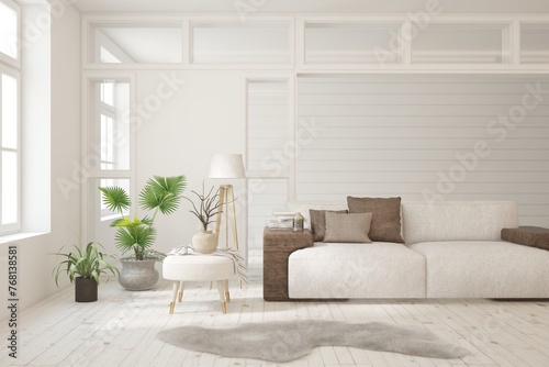 White living room with sofa. Scandinavian interior design. 3D illustration