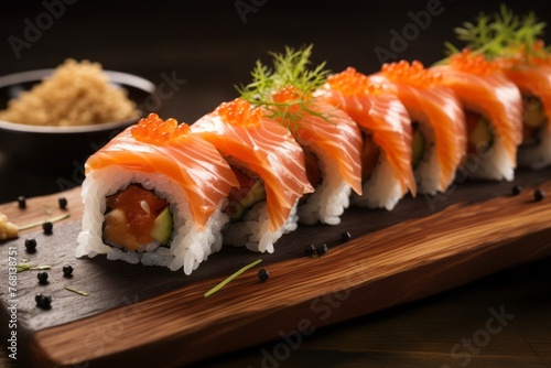 Juicy sushi on a rustic plate against a rustic wood background