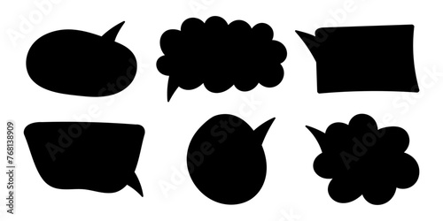 Black doodle speech bubbles isolated on white background. Hand drawn vector elements, frames, pop-up text clouds, dialogue.