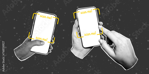 Set Of retro halftone collages of a hand with a phone. Scrolling, social networks, vector image on a textured gritty background. Place for QR code and yellow inscription scan me, grunge frame.