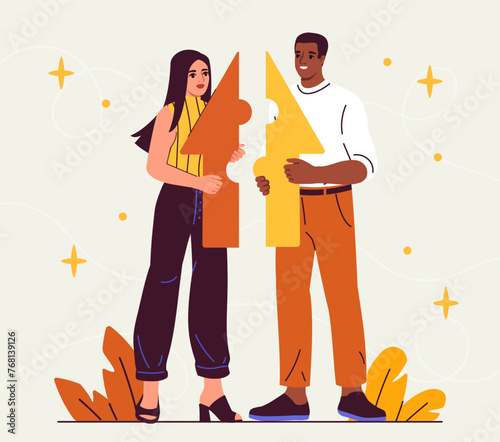 Conflict resolution skills. Man and woman with colorful parts of arrow. Colleagues and partners work at common project. Collaboration and cooperation. Cartoon flat vector illustration photo