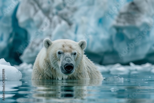 Lonely Polar Bear Swimming in Arctic Waters