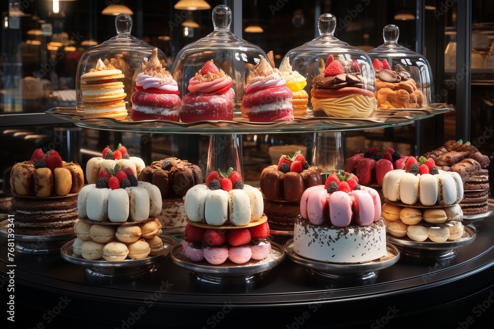 Artisanal Desserts Display: A display of artisanal desserts in a bakery or patisserie. - obrazy, fototapety, plakaty 