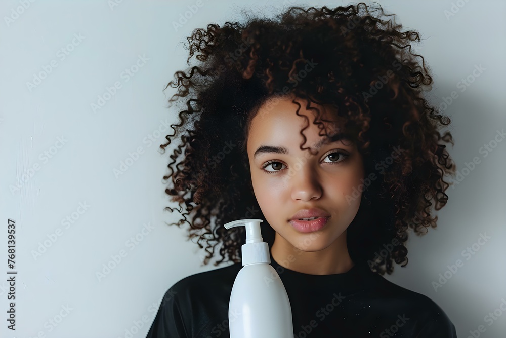 Young girl with curly hair holding a bottle of shampoo for beauty product promotion: Close-up shot. Concept Beauty Product Promotion, Curly Hair, Close-up Shot, Young Girl, Shampoo Bottle - obrazy, fototapety, plakaty 