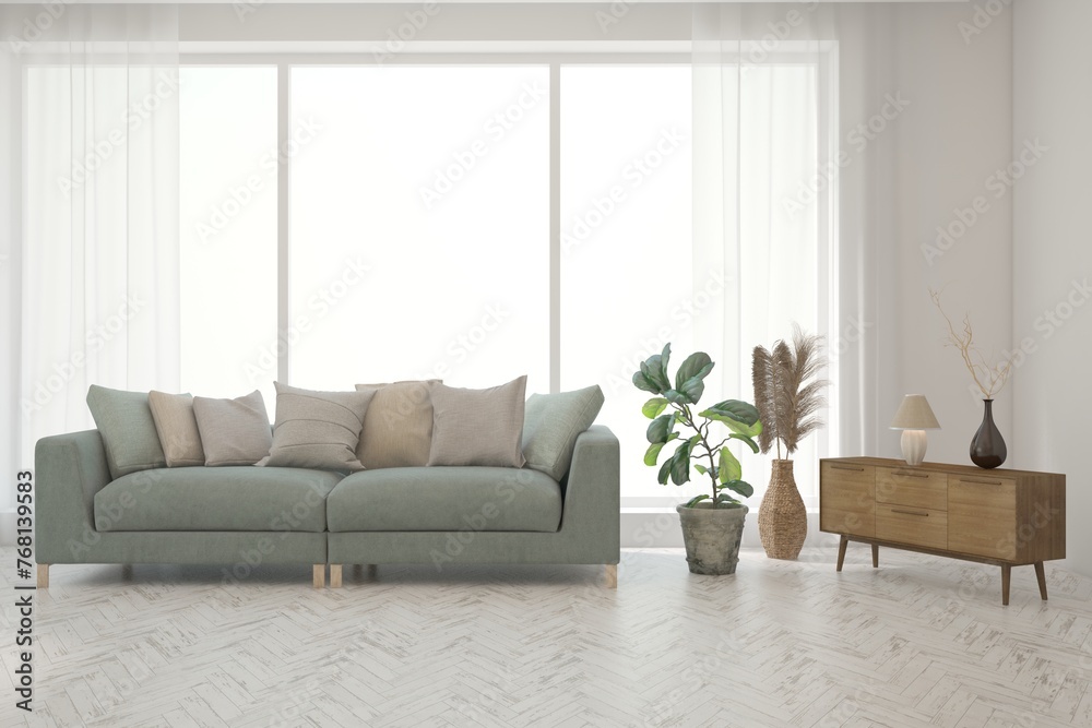 Fototapeta premium White living room with sofa. Scandinavian interior design. 3D illustration