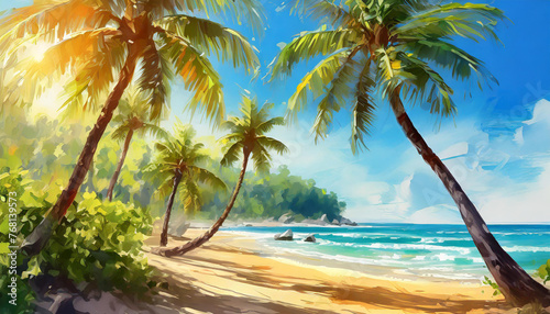 Beach scene with tall green palm trees  blue ocean and sandy beach. Tropical paradise. Summer landscape.