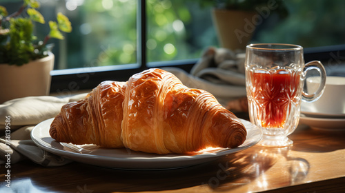 Croissant and cup of coffee on the table in moderm kitchen, window on background. photo