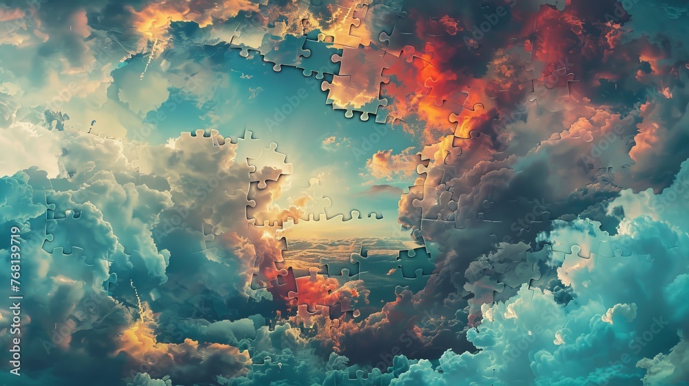 Puzzle: A surreal scene of a puzzle piece floating in the sky - obrazy, fototapety, plakaty 