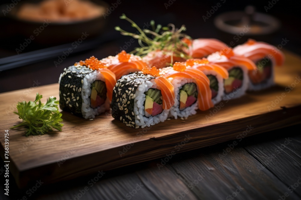 Exquisite sushi on a plastic tray against a rustic wood background Exquisite sushi on a plastic tray against a rustic wood background