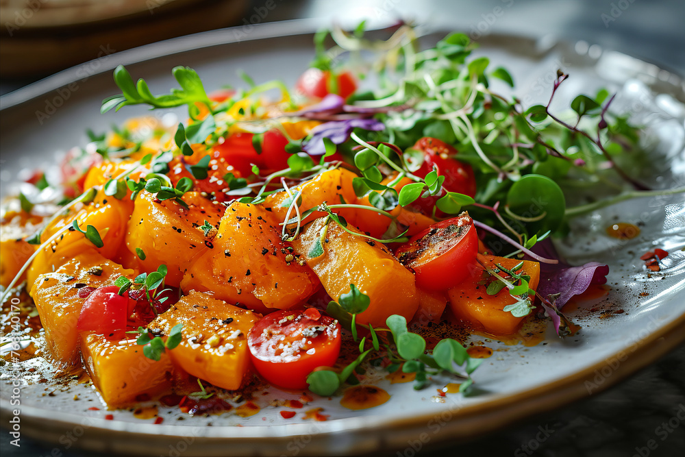 Plant-Based Cuisine: Baked sweet potstoes with cherry tomatoes and greens. Plant-Based Cuisine: Baked sweet potstoes with cherry tomatoes and greens.