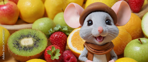 Cartoon cute mouse in the fruit kingdom. Rat prince rodent in unusual clothes in bright fruits. photo