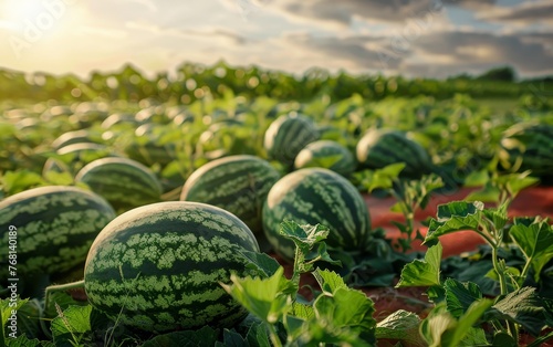 A vibrant field full of ripe watermelons basks under the sunlight, ready for the picking season.