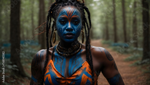 Artistic Woman with Body Paint in Enchanted Forest. Blue and orange body paint stands amidst a tranquil forest setting, exuding a mystical and serene vibe.