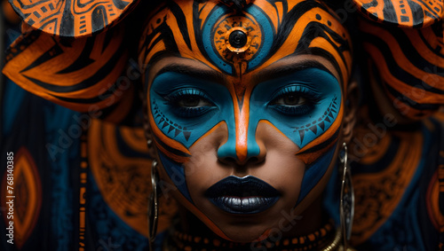 Portrait of Person with Intricate Tribal Face Paint, featuring elaborate tribal face paint, revealing cultural beauty and artistic expression.