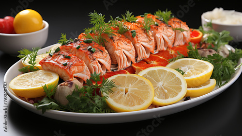 Closeup of the plate with delicious seafood dish on dark background.