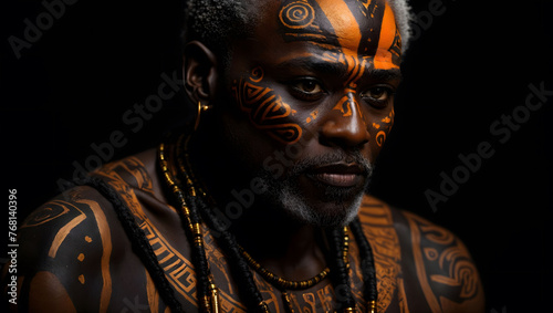 Senior man with traditional face paint in profile view with cultural body paint looking to the left, exuding wisdom and tradition against a dark background.