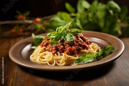 Refined spaghetti bolognese on a palm leaf plate against a rustic wood background