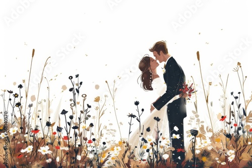 A married couple embracing in a field of blooming flowers. Illustration On a clear white background 