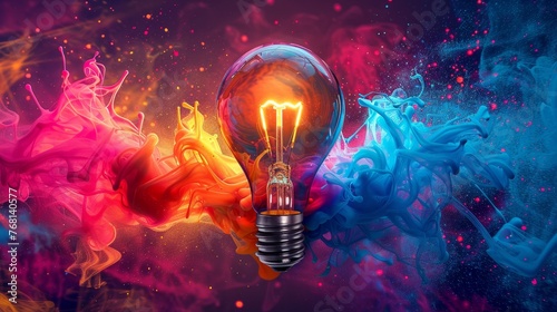 Vibrant light bulb surrounded by swirling, colorful energy