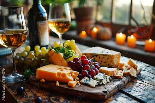Wine and Cheese Pairing: Glasses of wine and various cheeses served with fruits.
