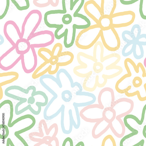 Abstract outline flower art seamless pattern illustration. Organic nature floral background in trendy style. freehand season decoration texture, drawing print