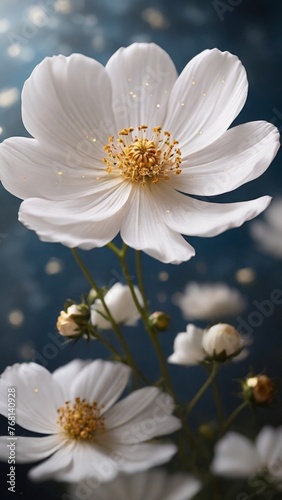 White cosmos flower on a blue background, very beautiful