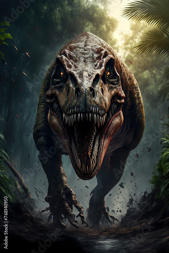 T-Rex in the jungle, Angry Dinosaur. Generative AI © ShinigamiMeta