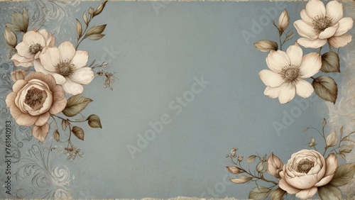 Horizontal page with faded flowers, flowers on the background, design style, free space