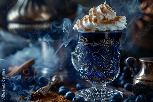 Visualize a goblet of deep indigo liquid, adorned with intricate silver filigree and topped with a cloud of whipped cream infused with hints of exotic spices
