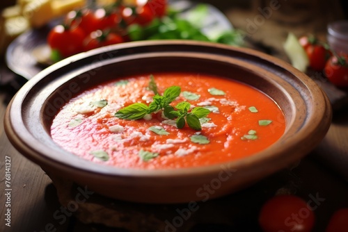Delicious gazpacho on a porcelain platter against a rustic wood background