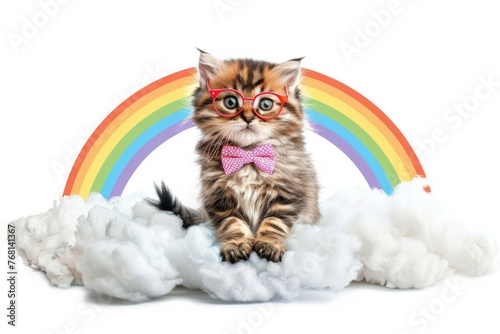 A sweet kitten wearing glasses and a bow tie, sitting on a colorful rainbow surrounded by fluffy clouds. Illustration On a clear white background 