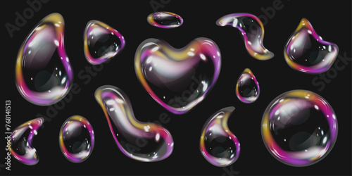 Abstract 3D transparent bubbles with refraction and glare. Vector illustration with soapy foam or colorful shiny rainbow balls isolated on a dark background.