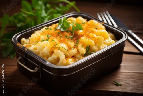 Exquisite macaroni and cheese in a bento box against a rustic wood background