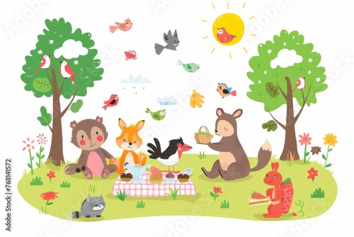 An assortment of sweet animals enjoying a picnic under a sunny sky. Illustration On a clear white background 