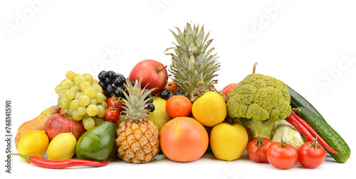 Composition of fresh and healthy vegetables and fruits isolated on white