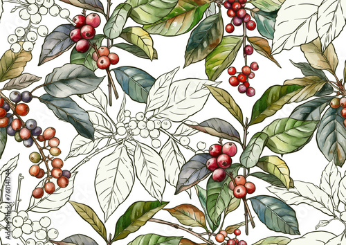 Coffee tree. Branch with leaves and berries. Seamless pattern, background. Vector illustration. In botanical style