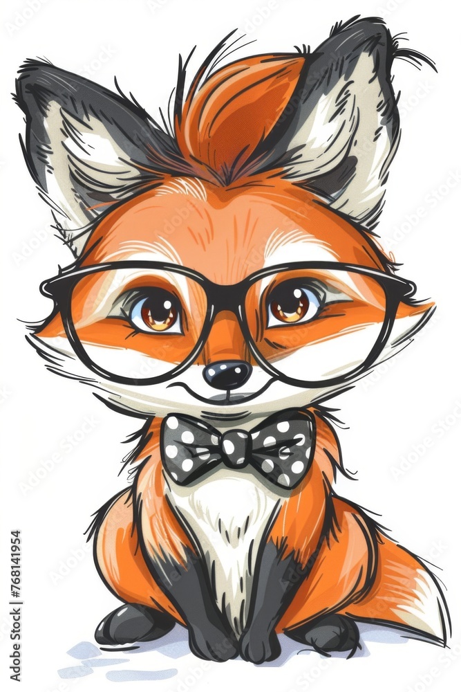 Cute baby fox with a bow tie and glasses Illustration On a clear white background 