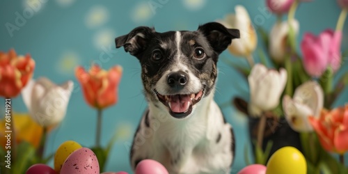 Happy Dog with few easter eggs in beautiful studio background with tulips and spring decorations created with Generative AI Technology photo